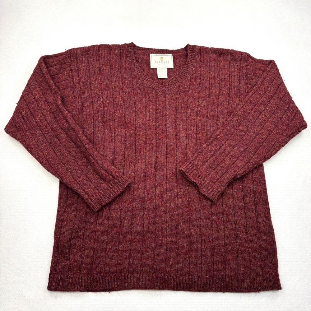 Express Tricot Sweater Mens Small Vintage Wool Burgundy Flecked Tweed V Neck HK